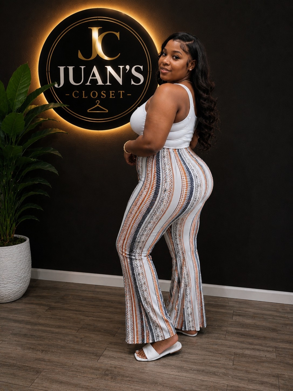 Curve Striped High-Waist Flare Pants - White Multi